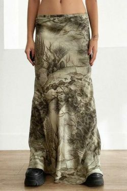 Vintage Print Low Rise Shift Midi Skirt - Y2K Fashion Coquette Aesthetic