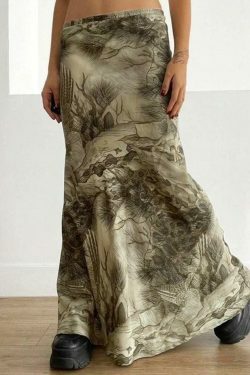 Vintage Print Low Rise Shift Midi Skirt - Y2K Fashion Coquette Aesthetic