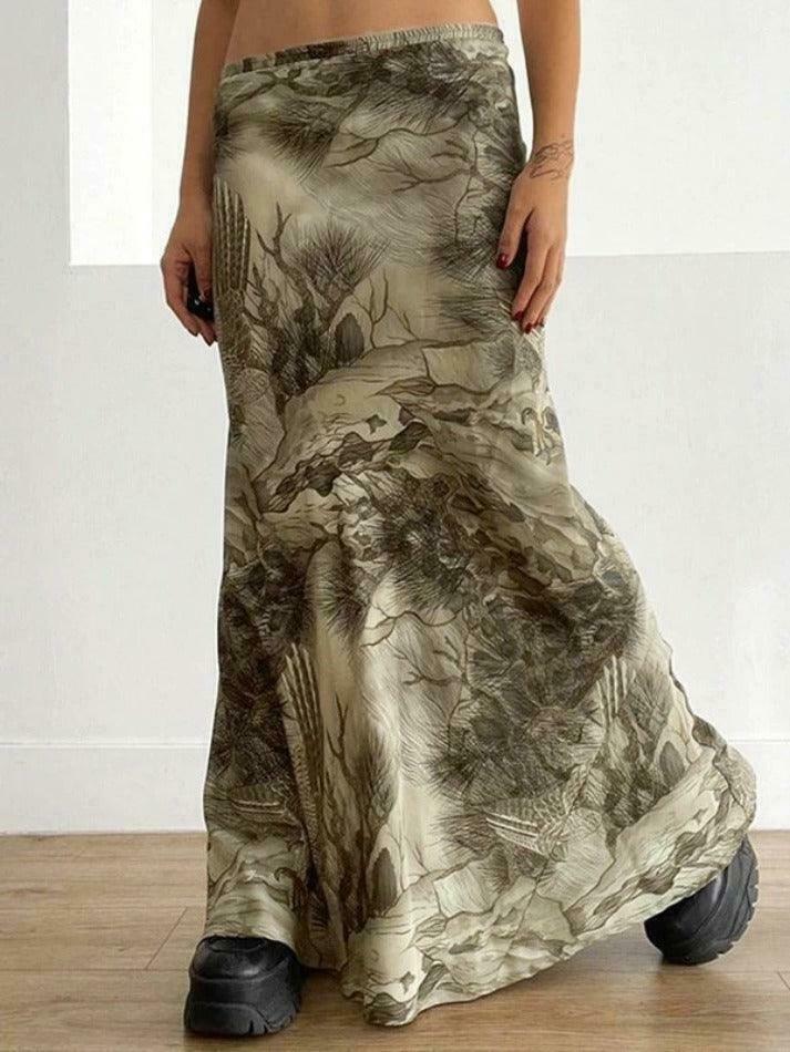 Vintage Print Low Rise Shift Midi Skirt - Y2K Fashion Coquette Aesthetic Vintage Print Low Rise Shift Midi Skirt - Y2K Fashion Coquette Aesthetic