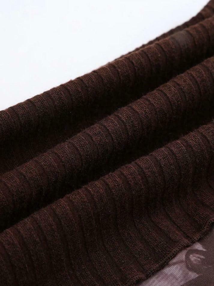 Vintage Print Off Shoulder Mesh Splice Long Sleeve Knit Sweater