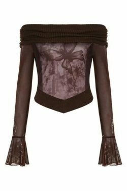 Vintage Print Off Shoulder Mesh Splice Long Sleeve Knit Sweater