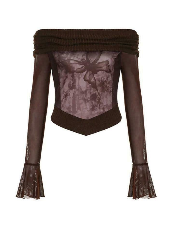 Vintage Print Off Shoulder Mesh Splice Long Sleeve Knit Sweater