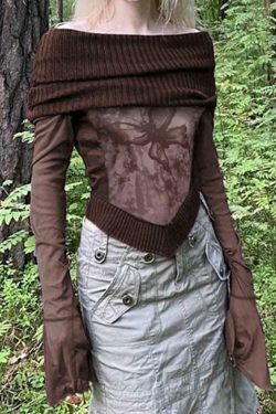 Vintage Print Off Shoulder Mesh Splice Long Sleeve Knit Sweater