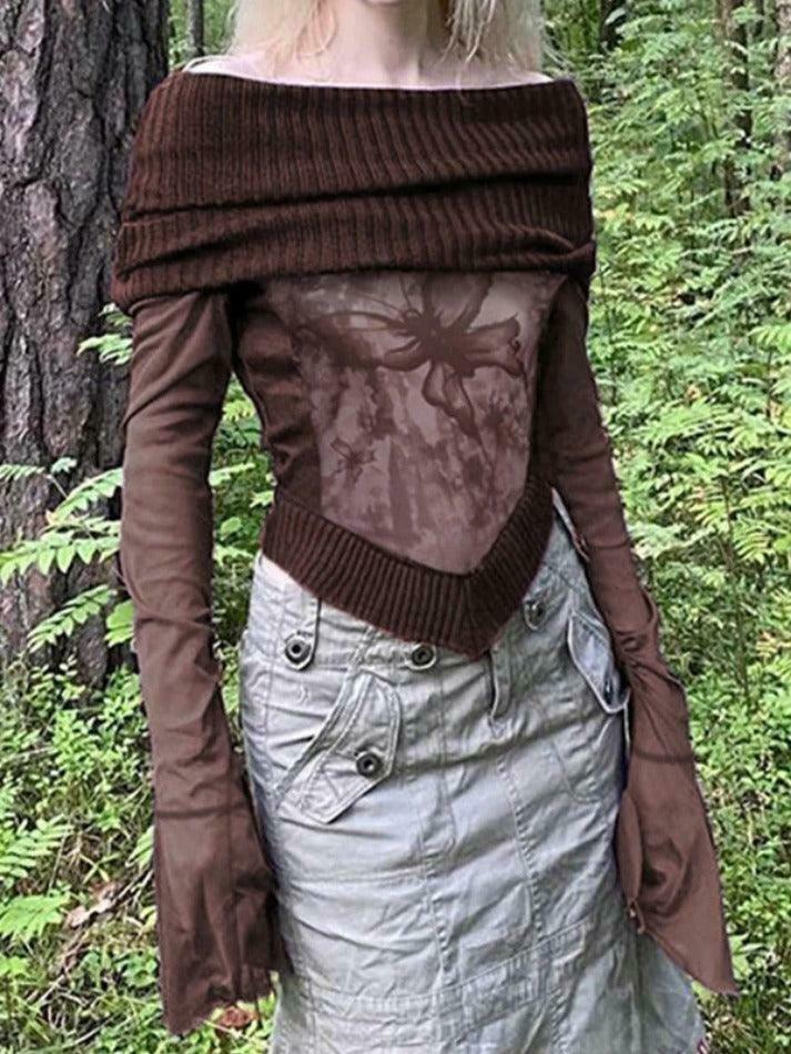 Vintage Print Off Shoulder Mesh Splice Long Sleeve Knit Sweater