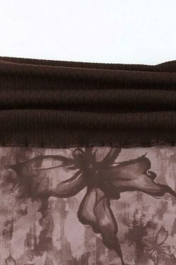 Vintage Print Off Shoulder Mesh Splice Long Sleeve Knit Sweater