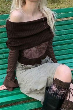 Vintage Print Off Shoulder Mesh Splice Long Sleeve Knit Sweater