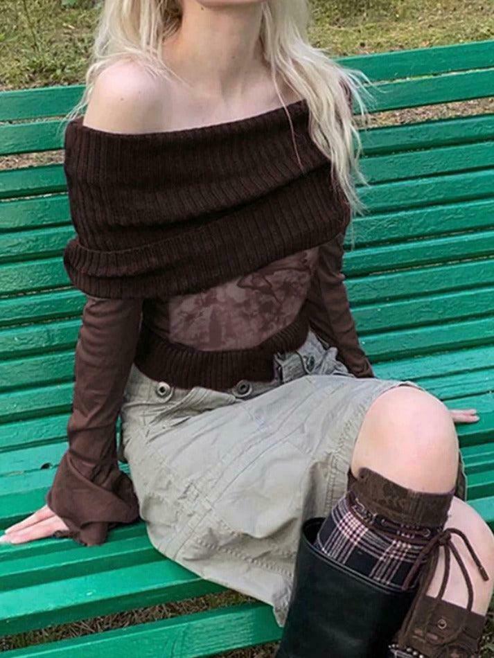 Vintage Print Off Shoulder Mesh Splice Long Sleeve Knit Sweater