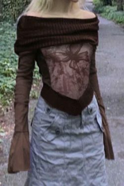 Vintage Print Off Shoulder Mesh Splice Long Sleeve Knit Sweater