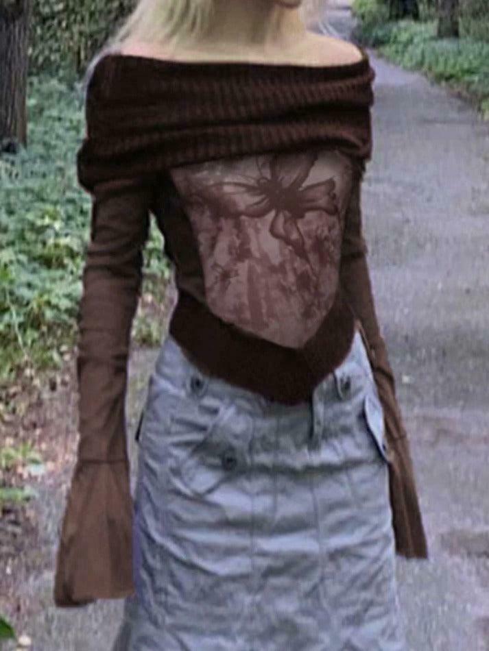 Vintage Print Off Shoulder Mesh Splice Long Sleeve Knit Sweater