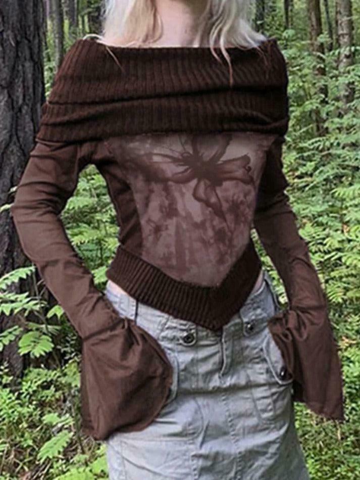 Vintage Print Off Shoulder Mesh Splice Long Sleeve Knit Sweater