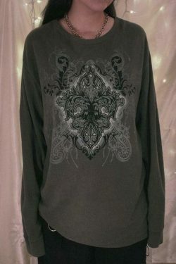 Vintage Print Oversized Long Sleeve Tee for Y2K Fashion Enthusiasts