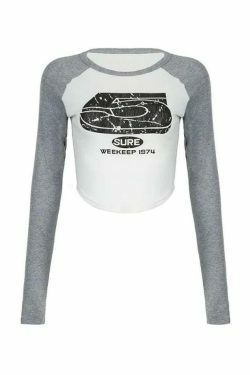 Vintage Print Raglan Long Sleeve Tee - Y2K Aesthetic Top with Coquette Style and Grunge Vibes