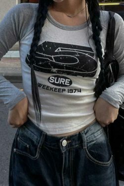 Vintage Print Raglan Long Sleeve Tee - Y2K Aesthetic Top with Coquette Style and Grunge Vibes