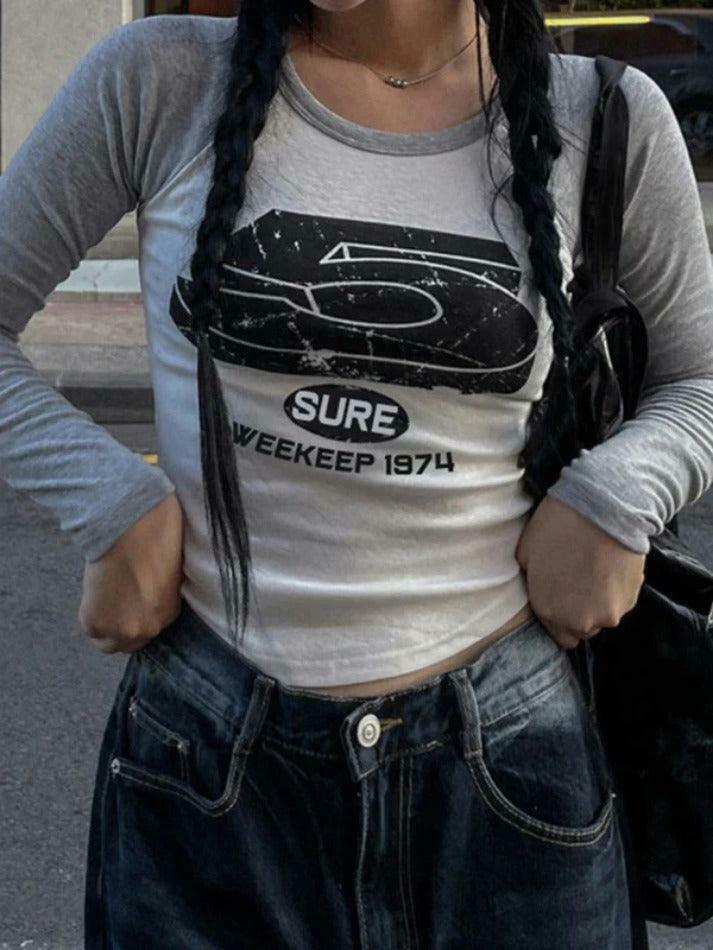 Vintage Print Raglan Long Sleeve Tee - Y2K Aesthetic Top with Coquette Style and Grunge Vibes