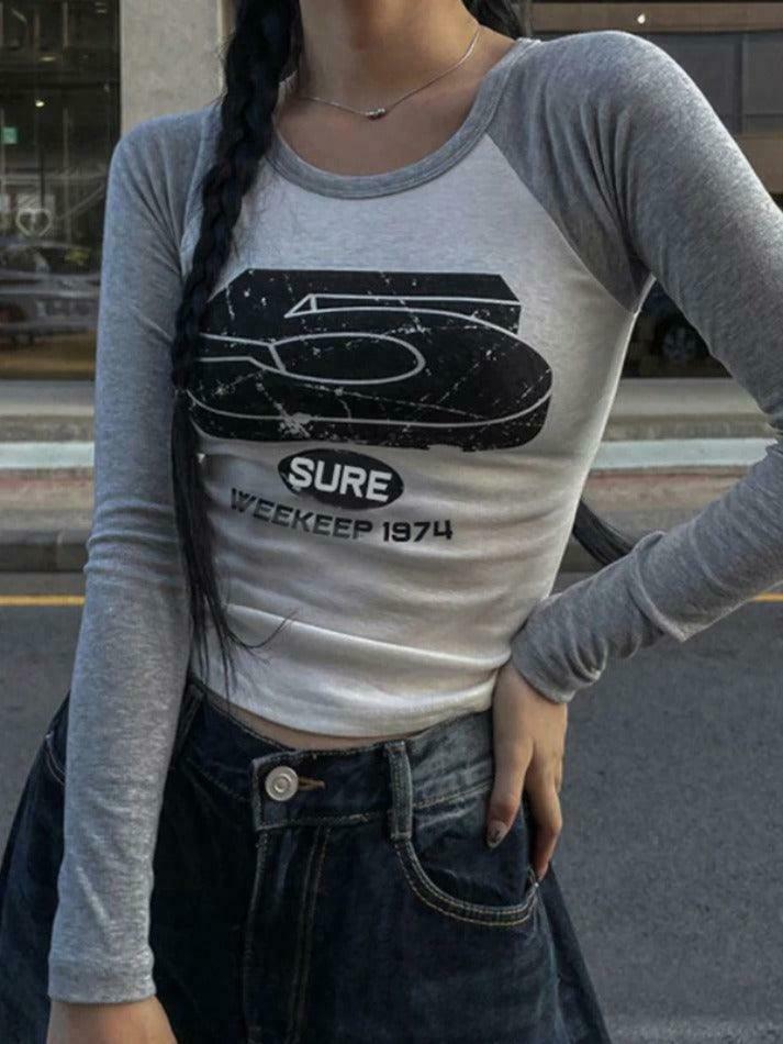 Vintage Print Raglan Long Sleeve Tee - Y2K Aesthetic Top with Coquette Style and Grunge Vibes