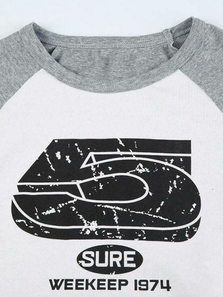 Vintage Print Raglan Long Sleeve Tee - Y2K Aesthetic Top with Coquette Style and Grunge Vibes