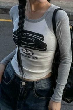 Vintage Print Raglan Long Sleeve Tee - Y2K Aesthetic Top with Coquette Style and Grunge Vibes