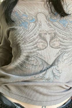 Vintage Print Ribbed Long Sleeve Knit Sweater - Y2K Fashion Aesthetic Women's Clothing