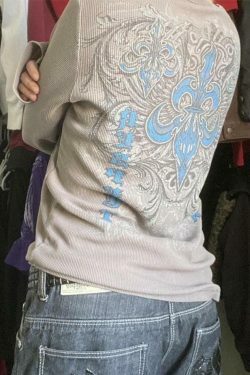 Vintage Print Ribbed Long Sleeve Knit Sweater - Y2K Fashion Aesthetic Women's Clothing