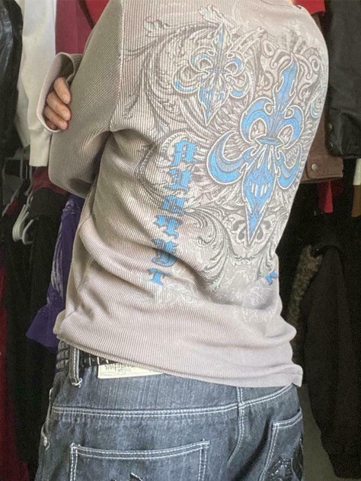 Vintage Print Ribbed Long Sleeve Knit Sweater - Y2K Fashion Aesthetic Women's Clothing