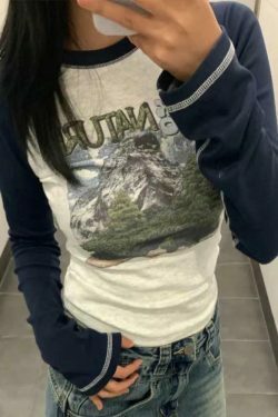 Vintage Print Slim Long Sleeve Tee with Stitch Detail