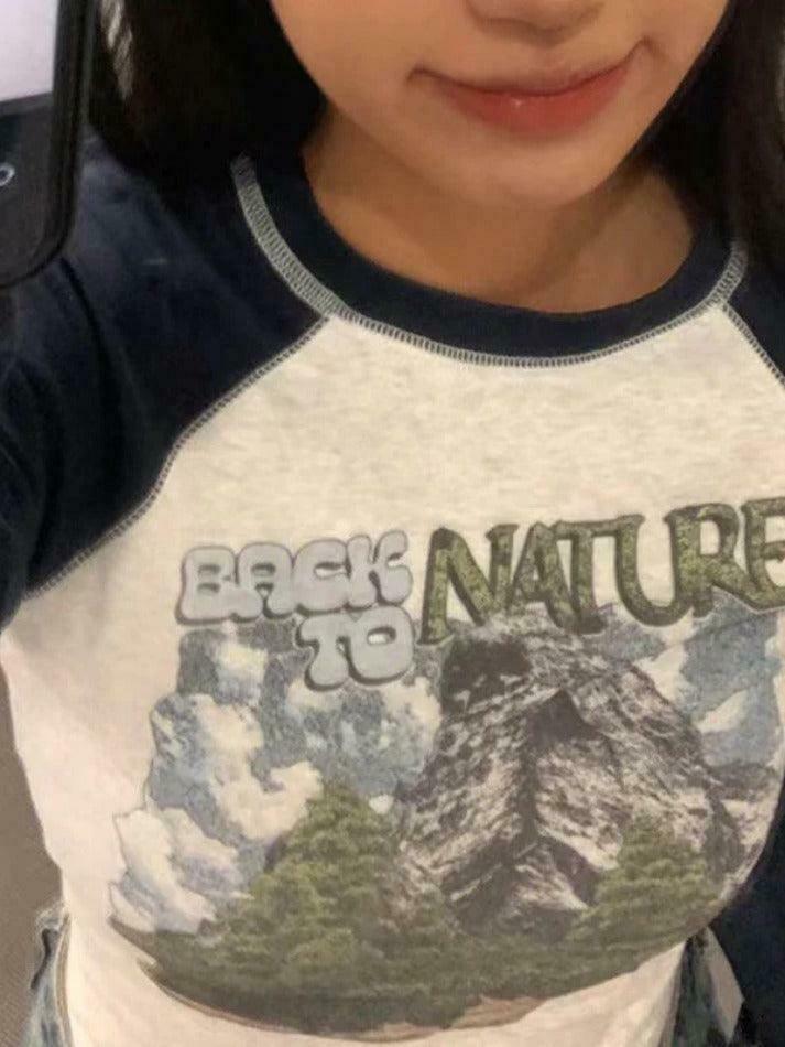 Vintage Print Slim Long Sleeve Tee with Stitch Detail