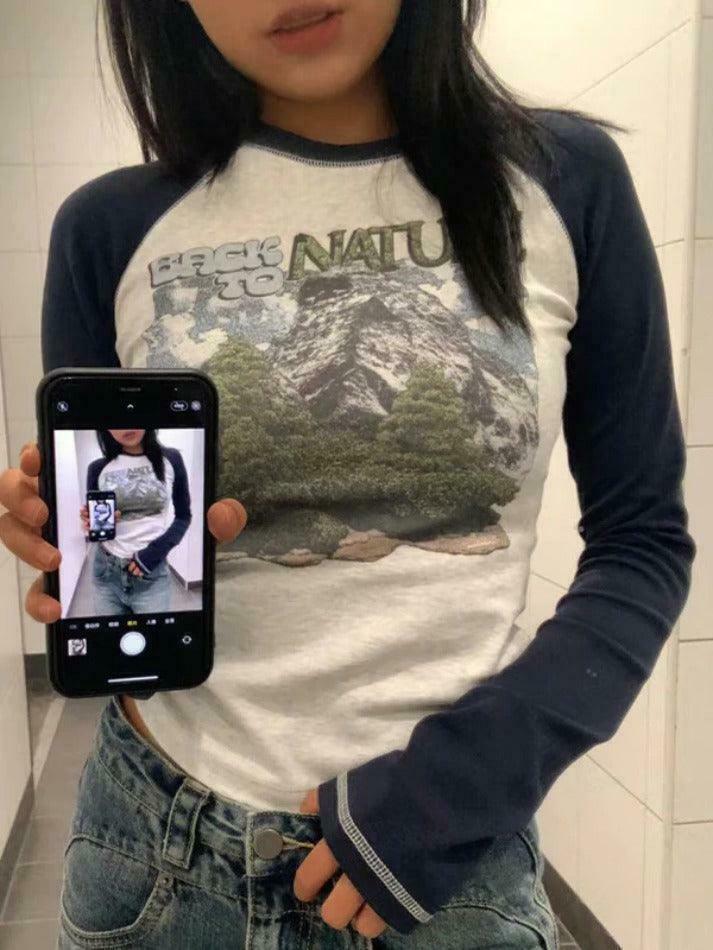 Vintage Print Slim Long Sleeve Tee with Stitch Detail