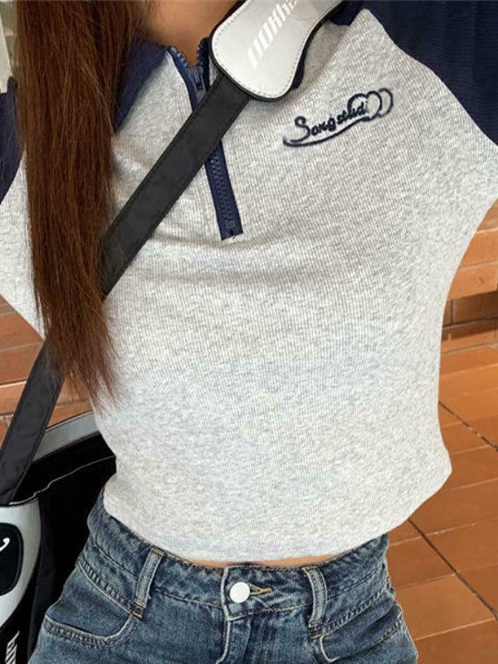 Vintage Raglan Half Zipper Long Sleeve Tee - Y2K Fashion Aesthetic for Women