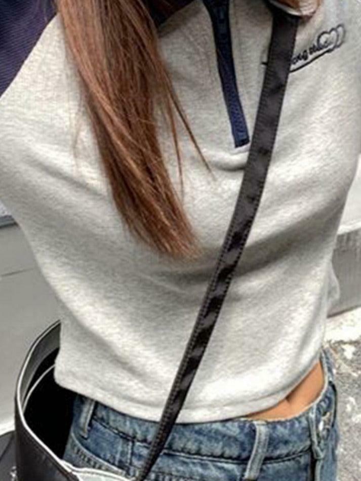 Vintage Raglan Half Zipper Long Sleeve Tee - Y2K Fashion Aesthetic for Women