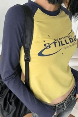 Vintage Raglan Long Sleeve Tee - Y2K Aesthetic Grunge Coquette Style, Cute Tops & Cargo Skirt