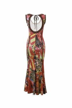 Vintage Random Print Backless Maxi Dress - Y2K Fashion Aesthetic with Coquette and Grunge Style
