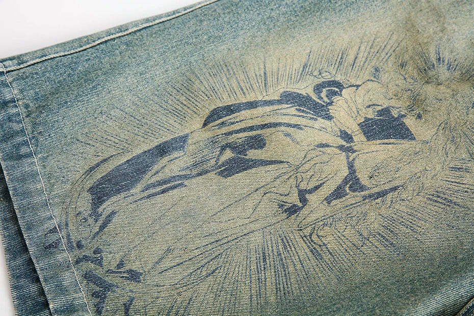 Vintage Religious Print Denim Shorts - Y2K Fashion with Coquette & Grunge Aesthetics Vintage Religious Print Denim Shorts - Y2K Fashion with Coquette & Grunge Aesthetics