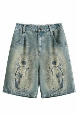 Vintage Religious Print Denim Shorts - Y2K Fashion with Coquette & Grunge Aesthetics