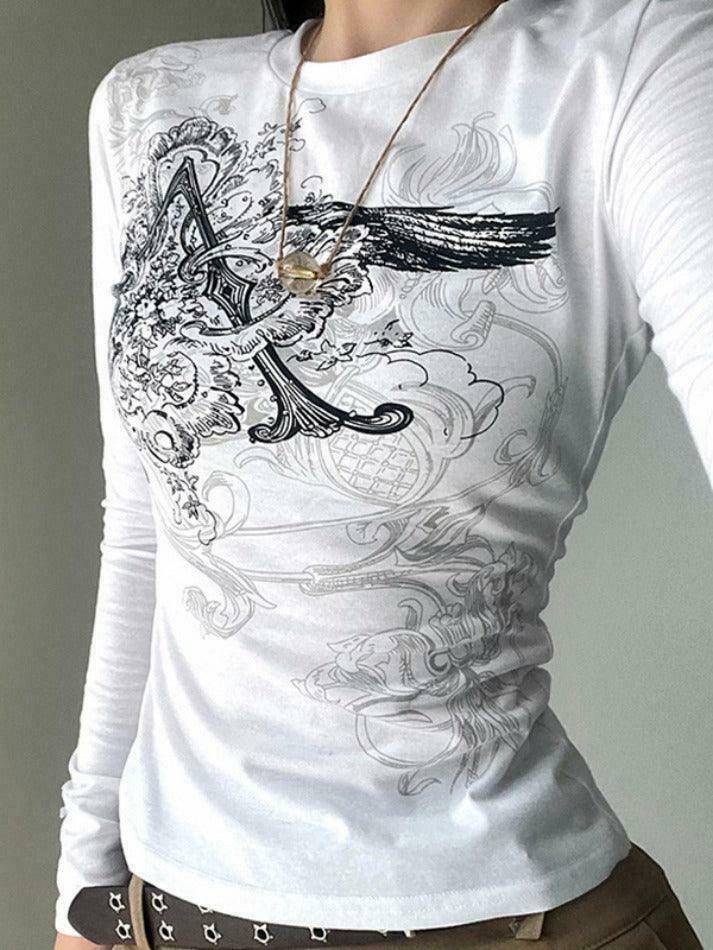 Vintage Retro Print Slim Long Sleeve Tee - Y2K Fashion Aesthetic for Women Vintage Retro Print Slim Long Sleeve Tee - Y2K Fashion Aesthetic for Women