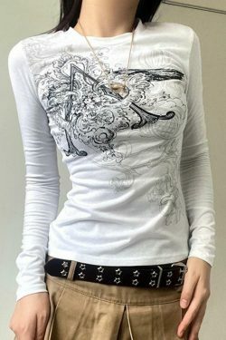 Vintage Retro Print Slim Long Sleeve Tee - Y2K Fashion Aesthetic for Women