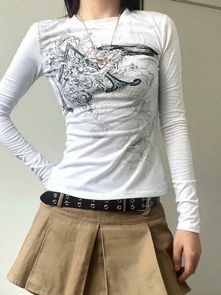 Vintage Retro Print Slim Long Sleeve Tee - Y2K Fashion Aesthetic for Women Vintage Retro Print Slim Long Sleeve Tee - Y2K Fashion Aesthetic for Women