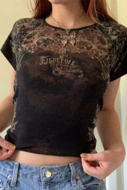 Vintage Rhinestone Printed Tee - Y2K Fashion Aesthetic with Coquette and Grunge Vibes