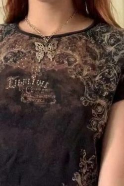 Vintage Rhinestone Printed Tee - Y2K Fashion Aesthetic with Coquette and Grunge Vibes