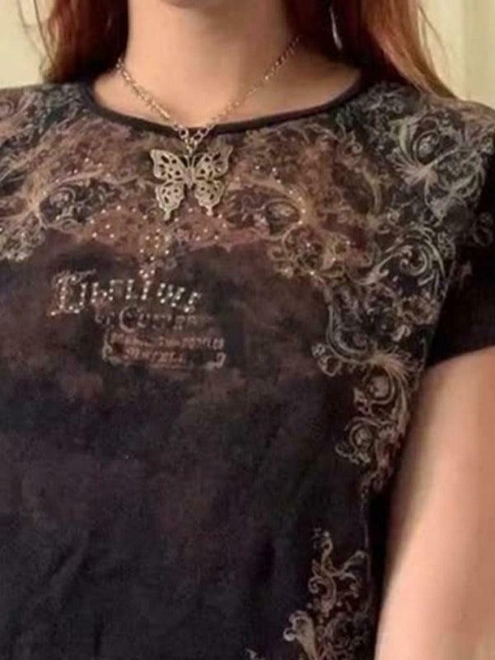 Vintage Rhinestone Printed Tee - Y2K Fashion Aesthetic with Coquette and Grunge Vibes Vintage Rhinestone Printed Tee - Y2K Fashion Aesthetic with Coquette and Grunge Vibes