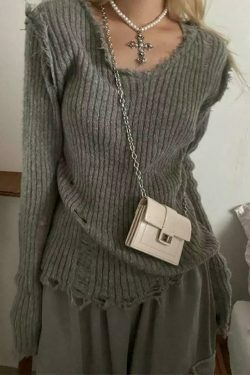 Vintage Ribbed Tattered V-Neck Sweater - Y2K Fashion Coquette Aesthetic Grunge Style