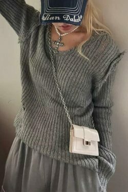 Vintage Ribbed Tattered V-Neck Sweater - Y2K Fashion Coquette Aesthetic Grunge Style