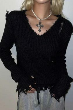 Vintage Ribbed Tattered V-Neck Sweater - Y2K Fashion Coquette Aesthetic Grunge Style