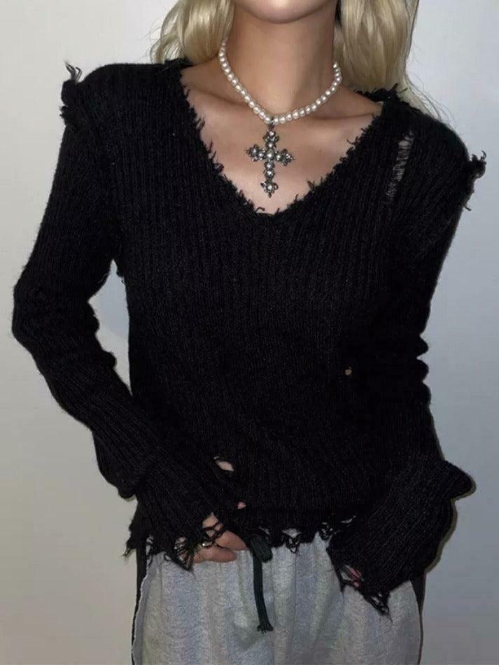 Vintage Ribbed Tattered V-Neck Sweater - Y2K Fashion Coquette Aesthetic Grunge Style Vintage Ribbed Tattered V-Neck Sweater - Y2K Fashion Coquette Aesthetic Grunge Style