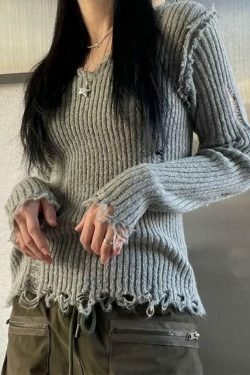 Vintage Ribbed Tattered V-Neck Sweater - Y2K Fashion Coquette Aesthetic Grunge Style