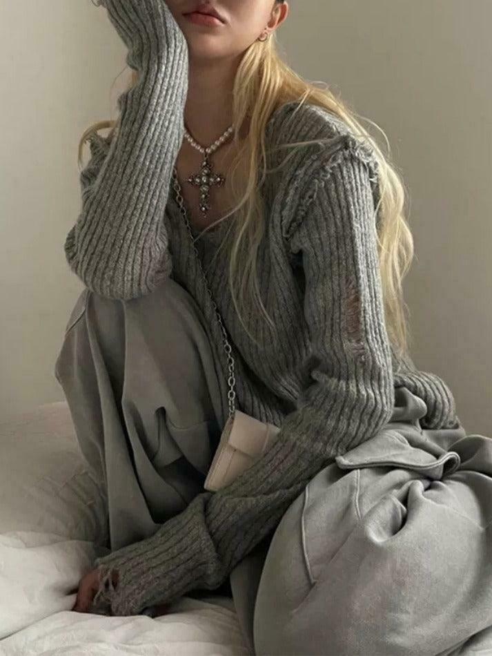 Vintage Ribbed Tattered V-Neck Sweater - Y2K Fashion Coquette Aesthetic Grunge Style Vintage Ribbed Tattered V-Neck Sweater - Y2K Fashion Coquette Aesthetic Grunge Style