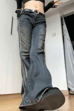 Vintage Side Striped Y2K Flare Jeans - Niche Women's Fashion