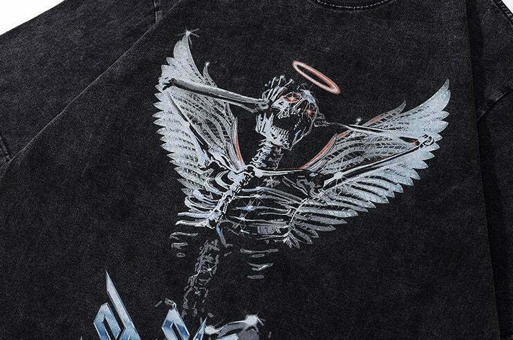 Vintage Skeleton Angel Acid Washed Tee - Y2K Fashion Grunge Aesthetic Coquette Style