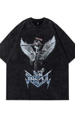 Vintage Skeleton Angel Acid Washed Tee - Y2K Fashion Grunge Aesthetic Coquette Style