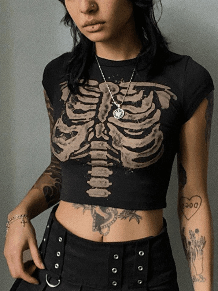 Vintage Skeleton Printed Crop Top - Y2K Fashion Aesthetic for Women - Coquette Style Grunge Outfit