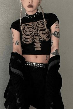 Vintage Skeleton Printed Crop Top - Y2K Fashion Aesthetic for Women - Coquette Style Grunge Outfit